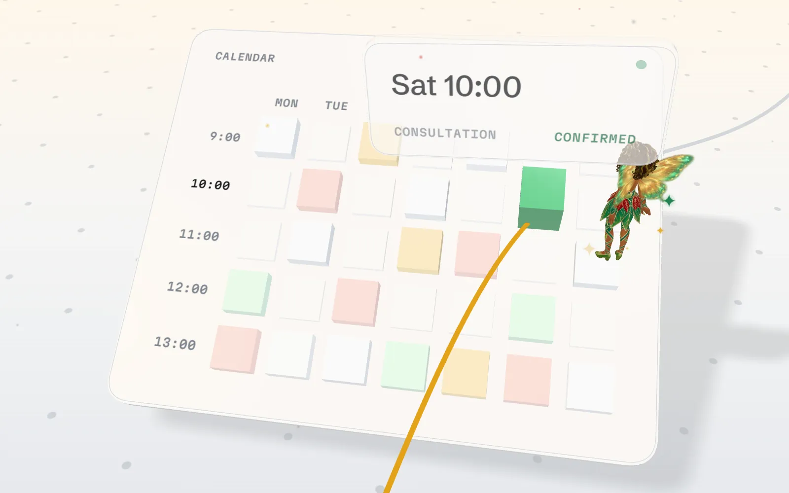 A week calendar with the Saturday 10:00 slot raised and marked confirmed, booked by Karen, a small winged pixie in red, gold and green who sits on her rasta ring