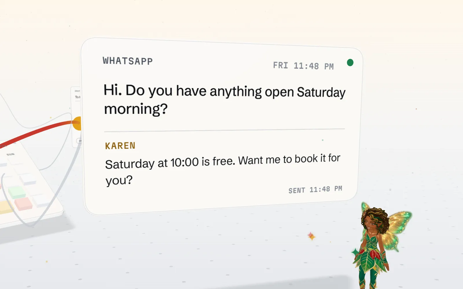 A WhatsApp message card with Karen's reply typed underneath, typed by Karen, a small winged pixie in red, gold and green who sits on her rasta ring